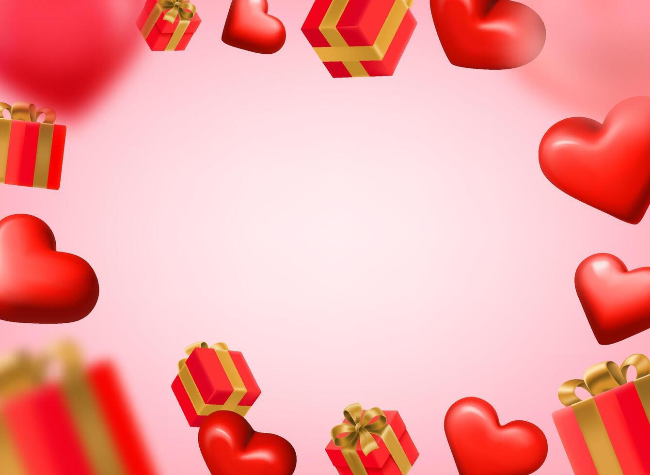 Gift boxes and flying hearts. Happy Valentines day frame with copy space. 3d vector