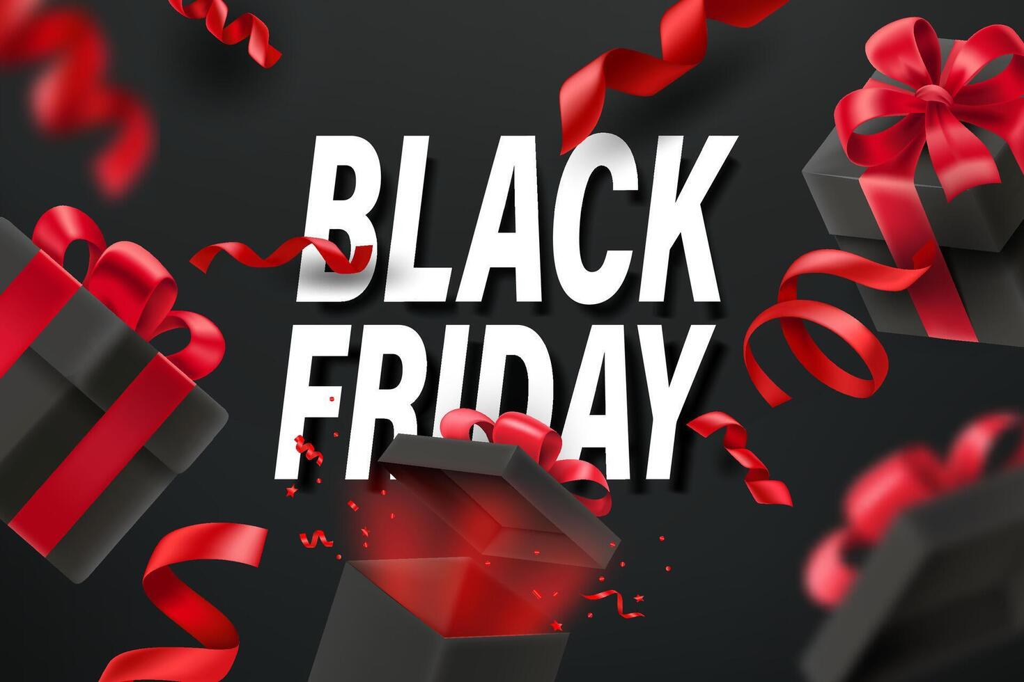 Banner de vector de venta final de viernes negro con cintas rojas y cajas de regalo
