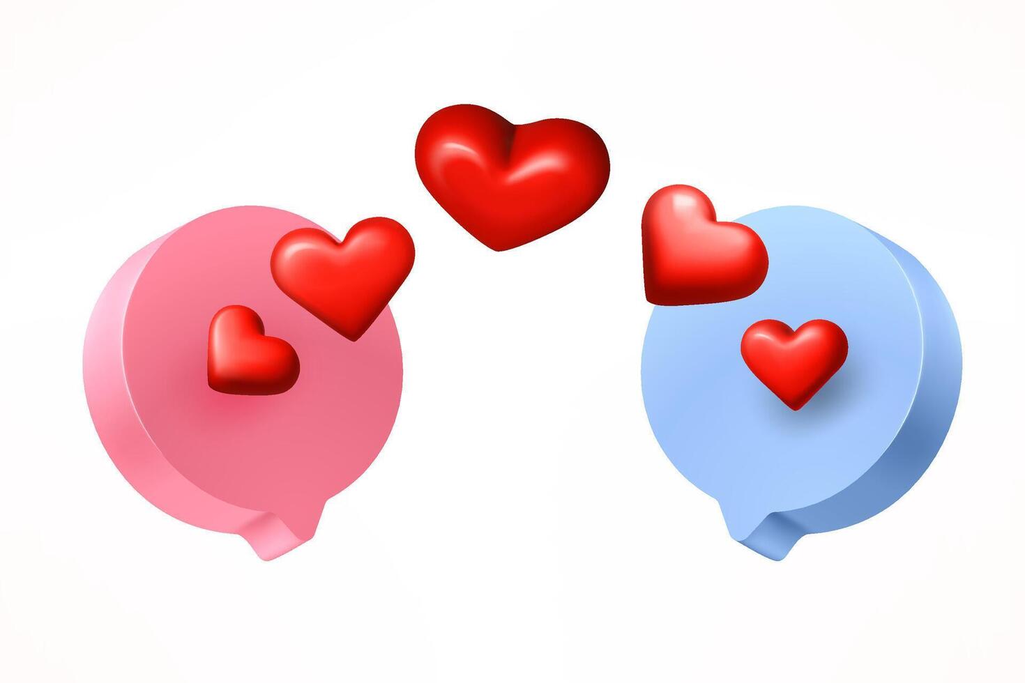 Love message concept. Speech bubbles with hearts on white background. 3d vector illustration