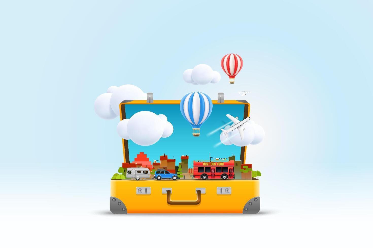 Travel bag vector illustration. Vacation design concept. 3d vector illustration