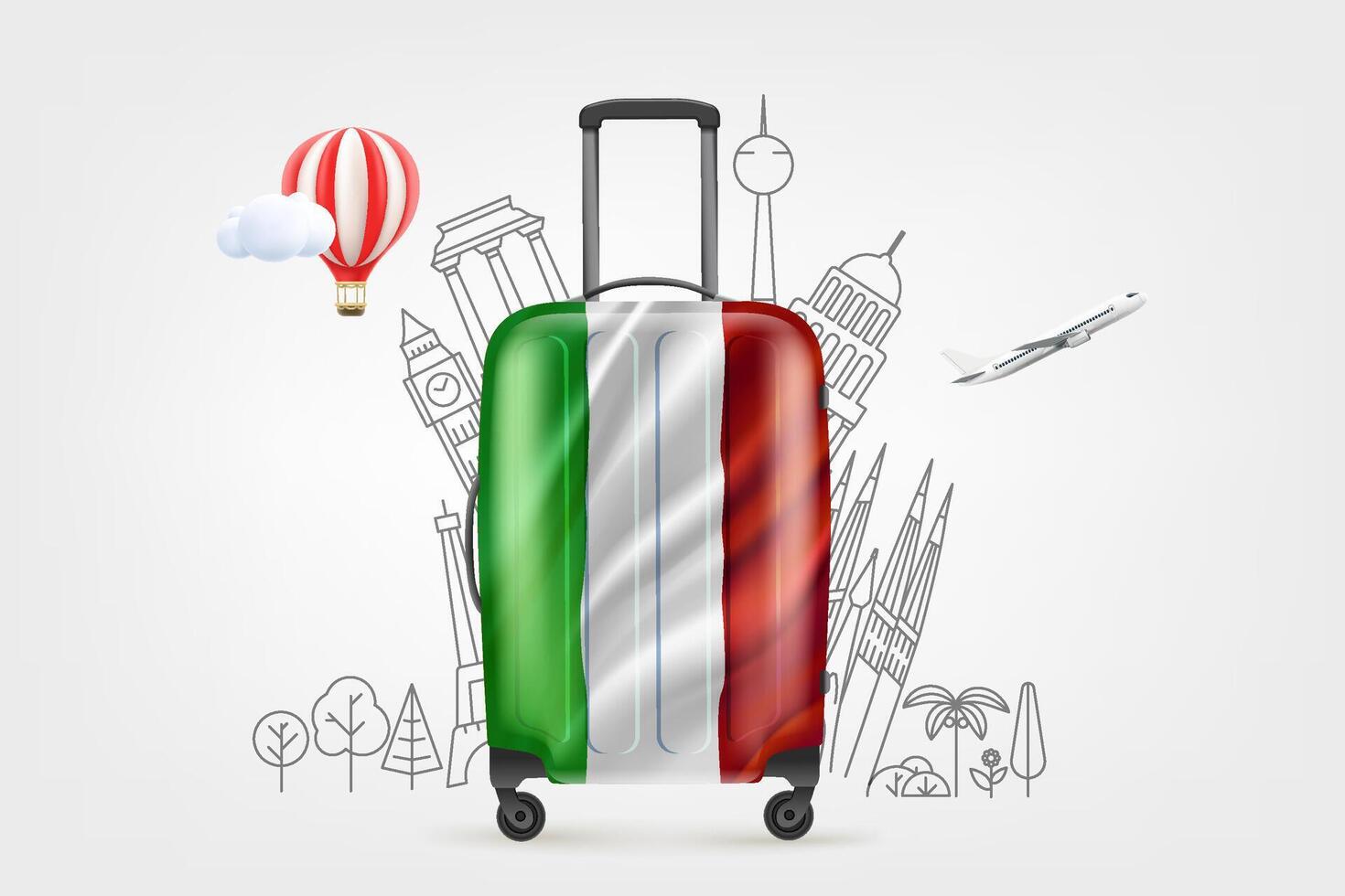 Plastic travel bag with italian flag and famous world sights. 3d vector illustration