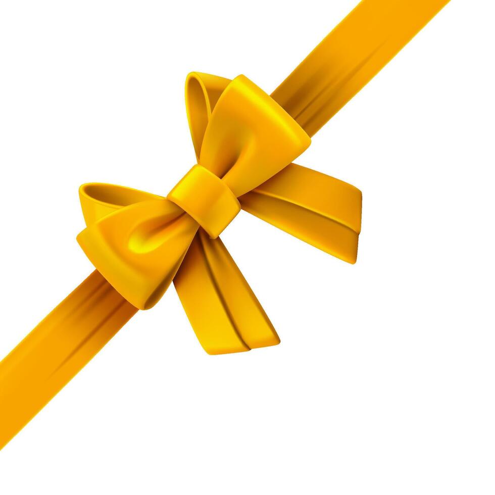 Yellow ribbon with bow on the right corner. Design trmplate. 3d vector illustration