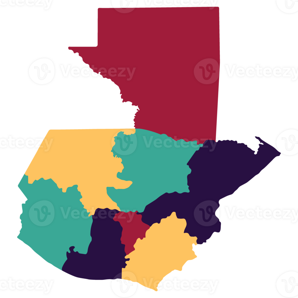 Guatemala map. Map of Guatemala in eight main regions in multicolor png