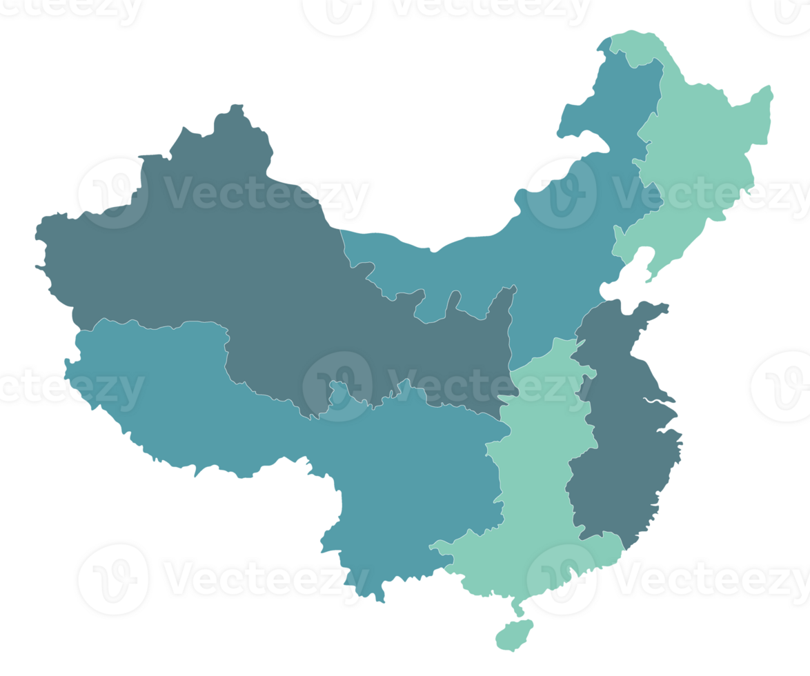 China map. Map of China in eight main regions in multicolor png