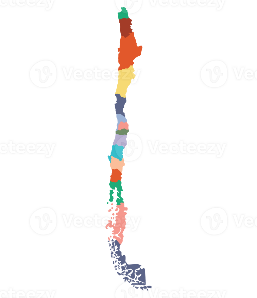 Chile map. Map of Chile in administrative provinces in multicolor png