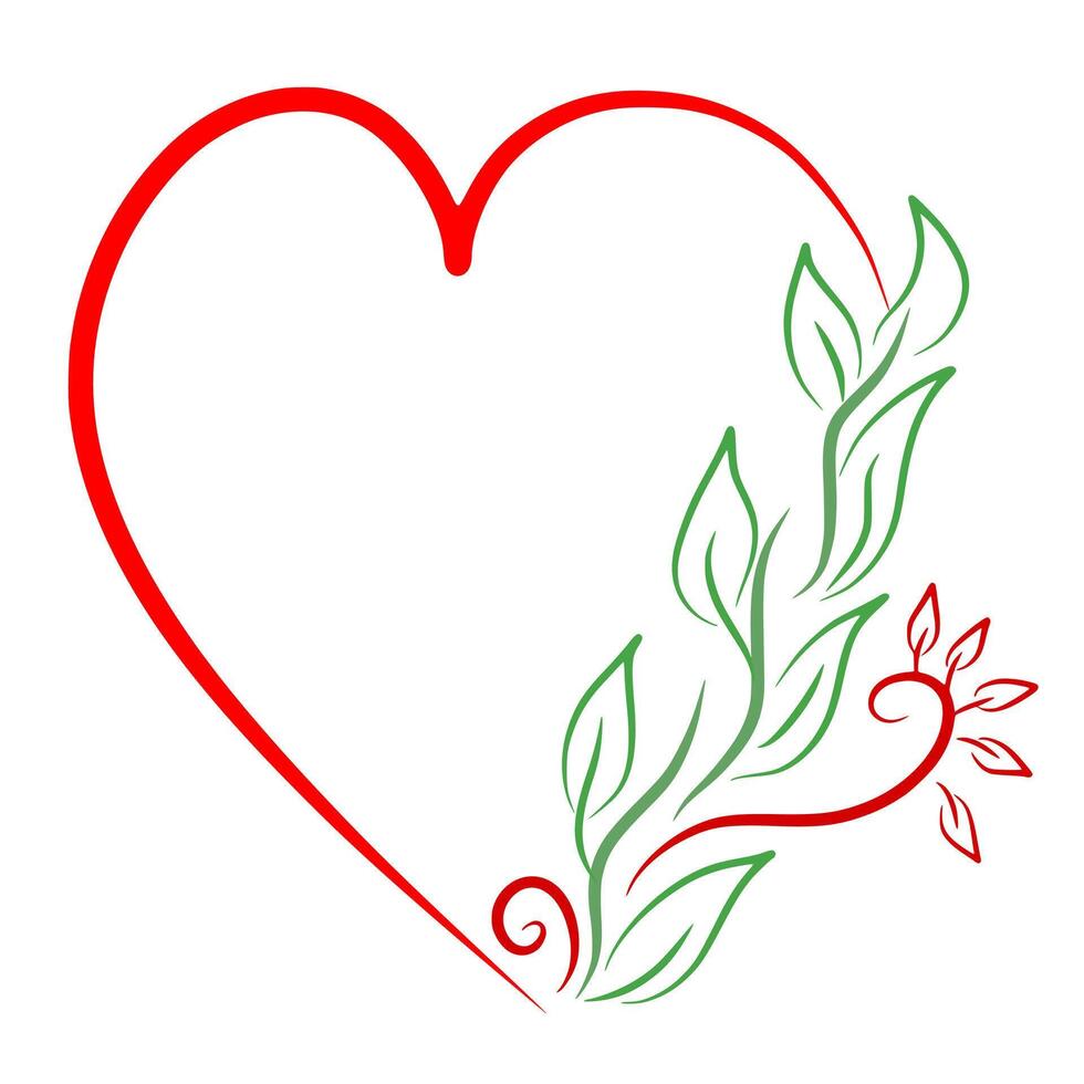 Red Half Love Heart Shape Decorated With Green Leaf and Ornament Vector Illustration
