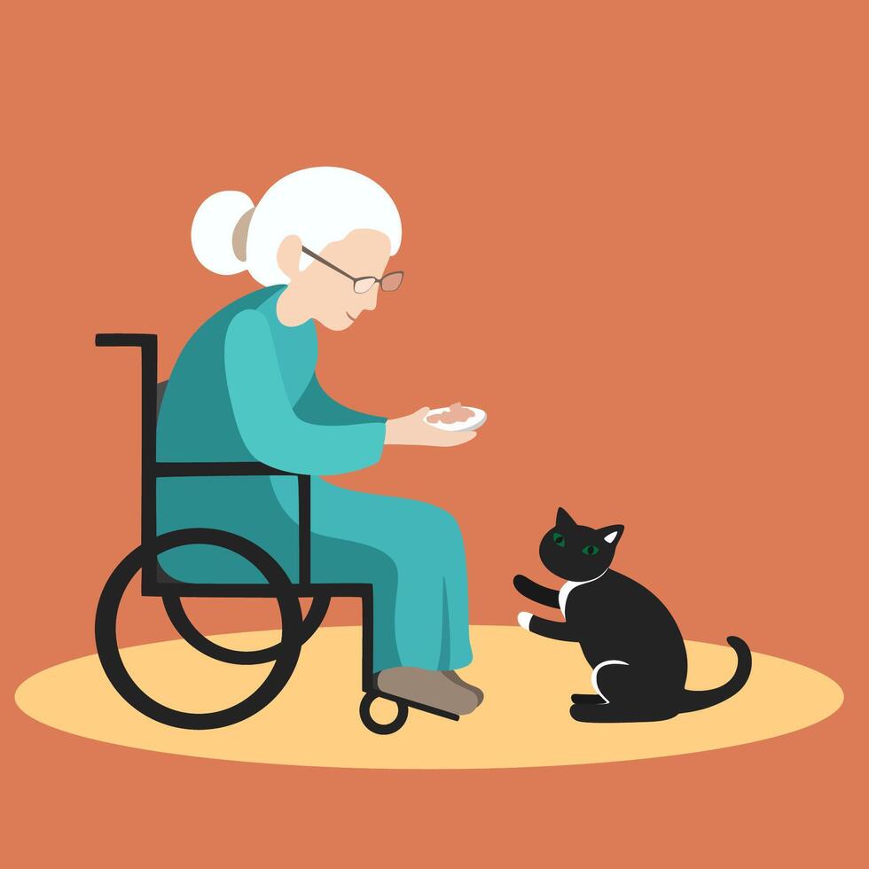 An elderly woman with disabilities feeds a stray cat on the street vector