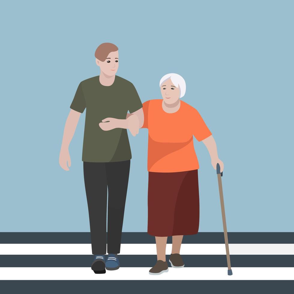 A young man takes an old woman across the street on his arm vector