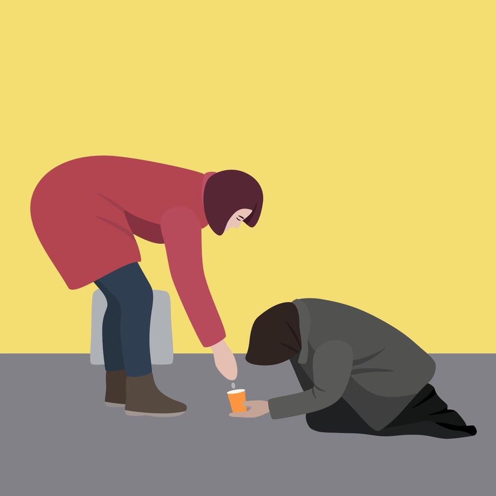 A woman gives alms to a beggar sitting on the road on the street vector