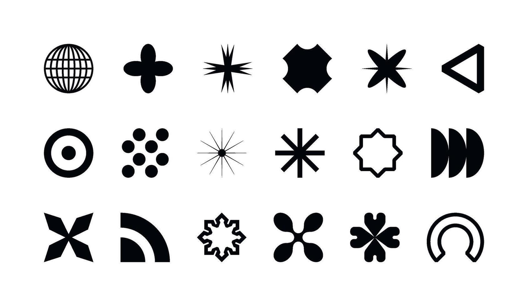 Y2K element set, retro-futuristic Memphis brutalism icons. Simple forms, symbols and frames isolated on transparent background, collection of different graphic star, sparkle and shapes vector