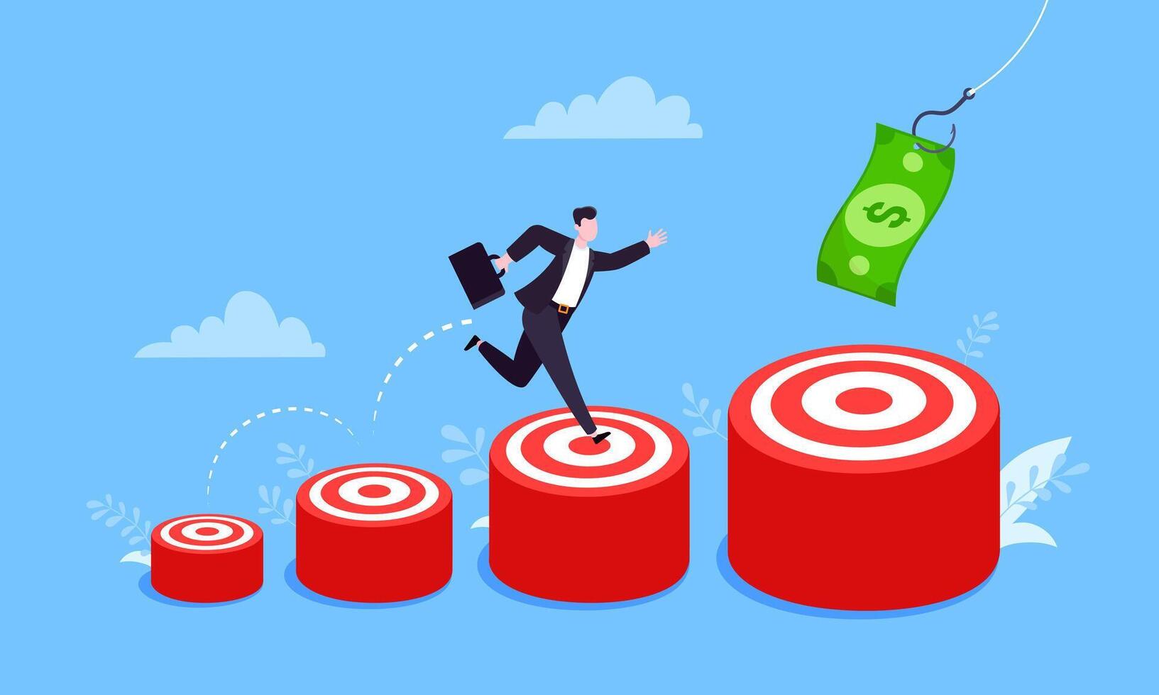 Businessman runs and jumps from small target goal to reach bigger target goal achievement flat style design vector illustration.
