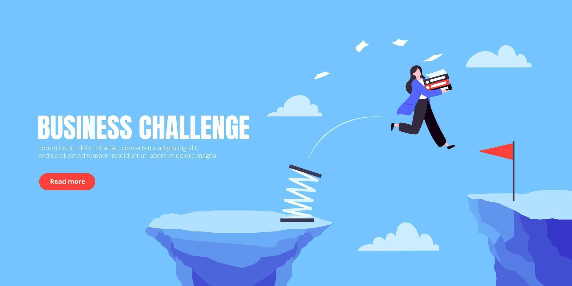 Businesswoman jumps over the abyss across the cliff flat style design vector illustration. Business concept of fearless businesswoman with courage. Risk, goal achievement, work obstacles and success.