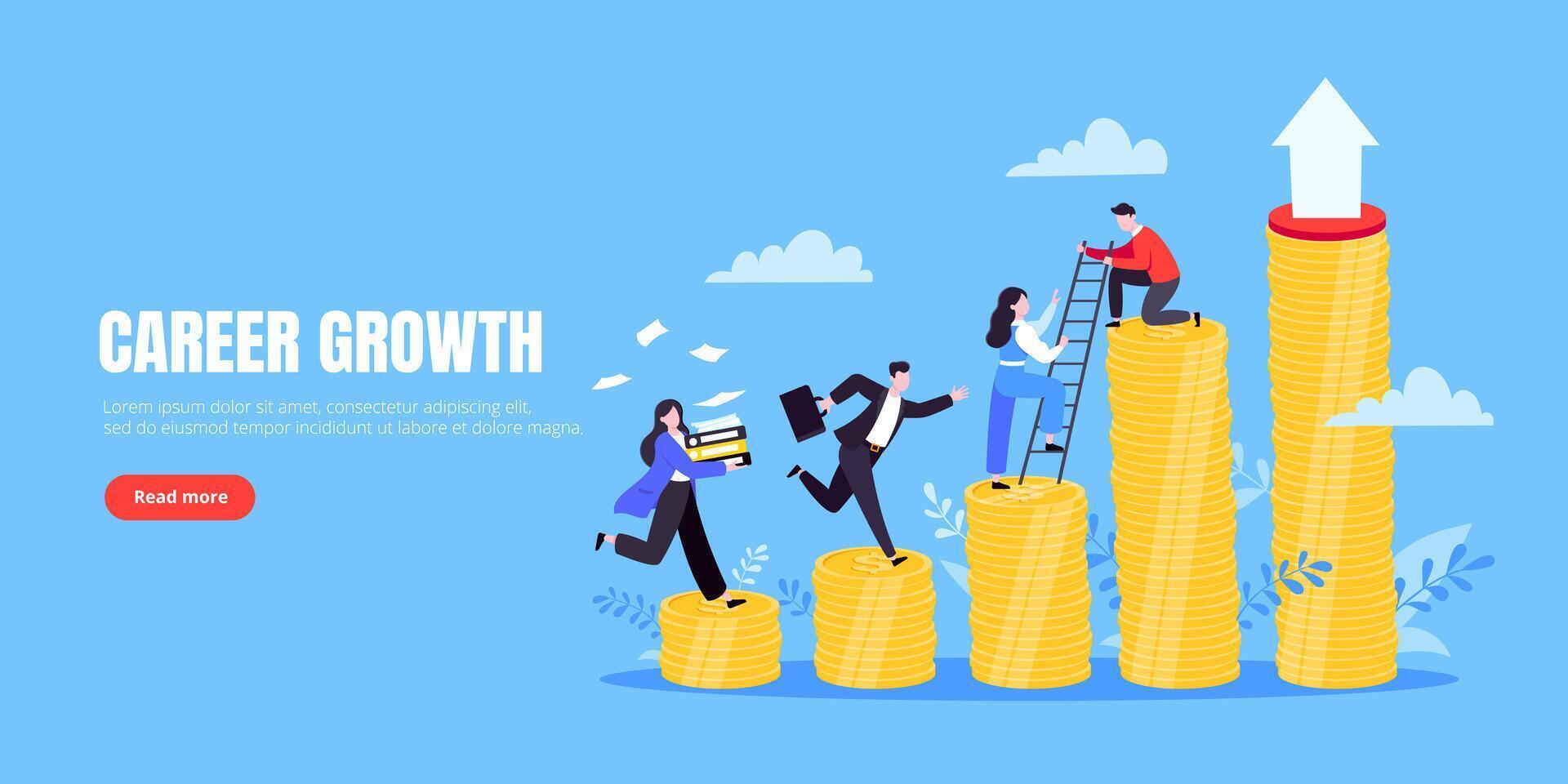 Business mentor helps improve career and money stacks growing. He holds stairs steps vector illustration.