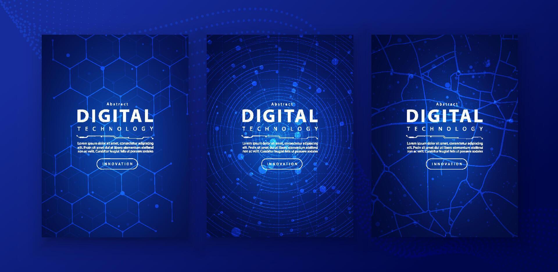 Poster brochure cover banner presentation layout template, technology digital futuristic internet network connection blue background, abstract cyber future tech communication, Ai big data science 3d vector