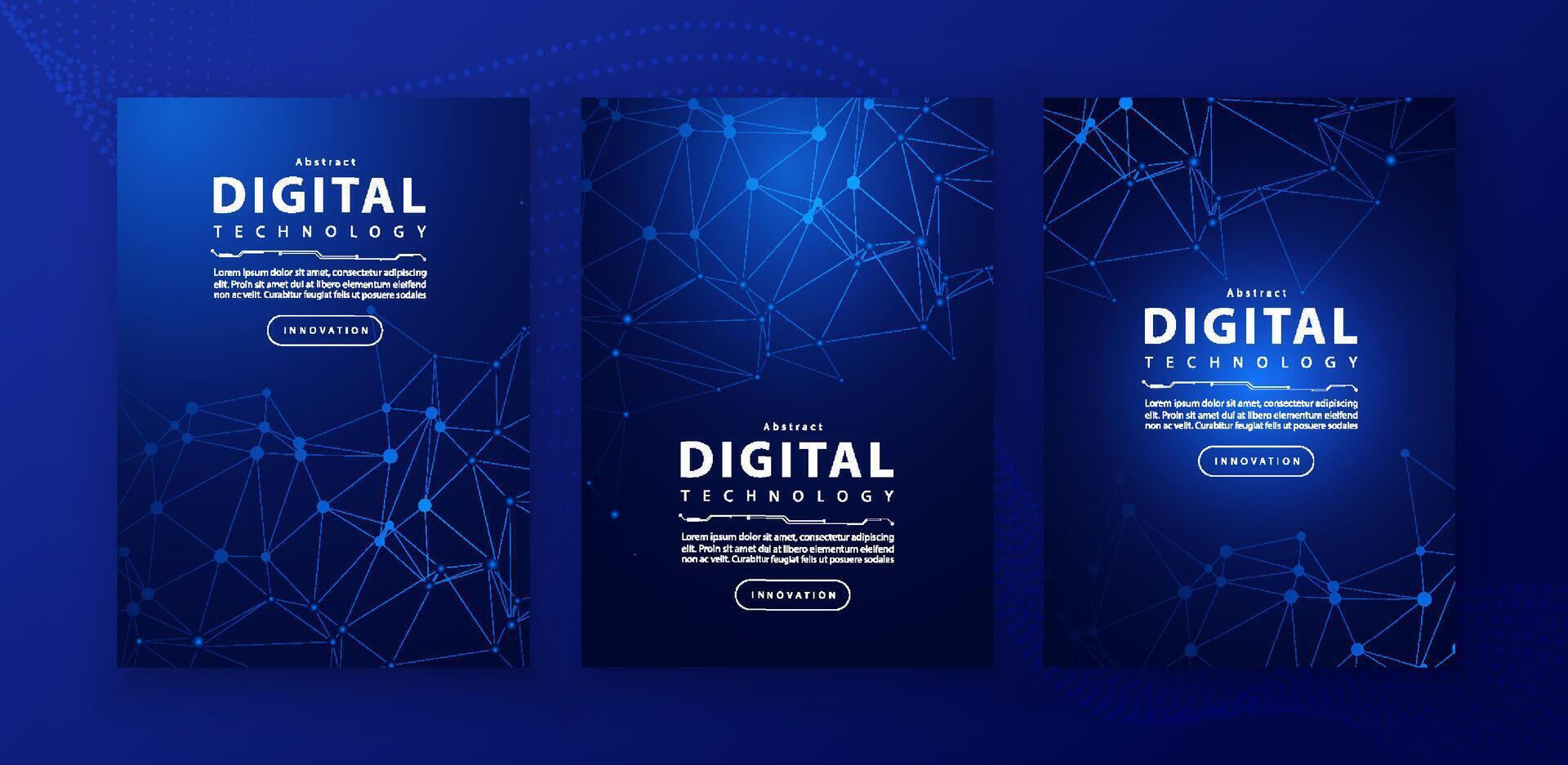 Poster brochure cover banner presentation layout template, technology digital futuristic internet network connection blue background, abstract cyber future tech communication, Ai big data science 3d vector