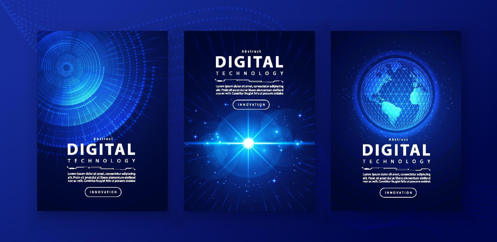 Poster brochure cover banner presentation layout template, technology digital futuristic internet network connection blue background, abstract cyber future tech communication, Ai big data science 3d vector