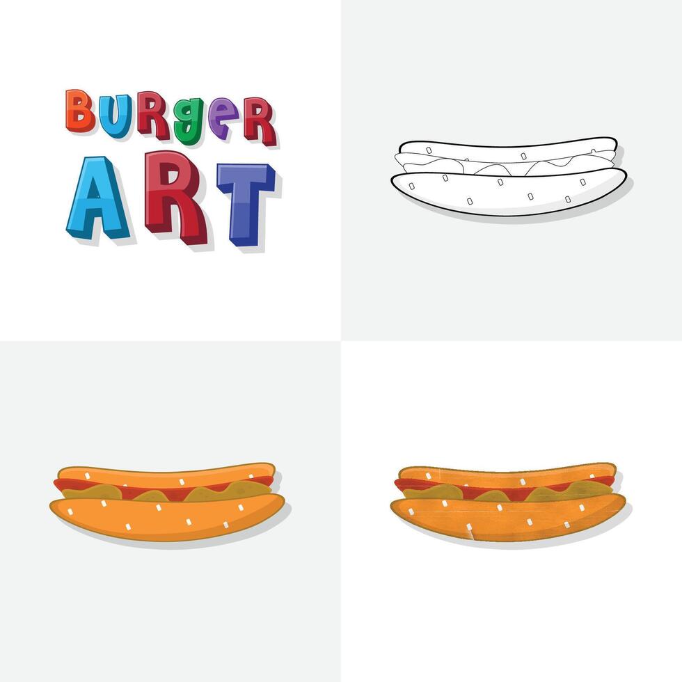 hamburguesa Arte bosquejo, colorante página, plano y realista hamburguesa rápido comida ilustración para niños vector