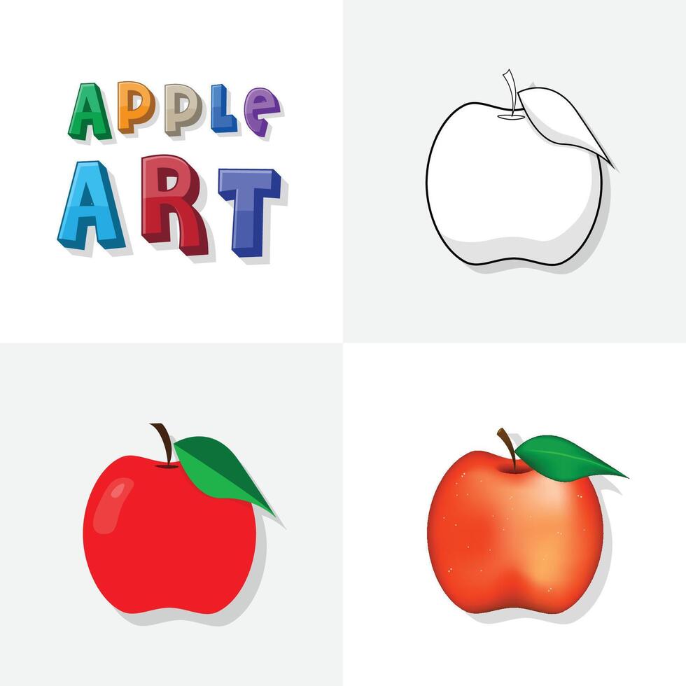 Apple art sketch, colouring page, flat and realistic apple fruit illustration for kids vector