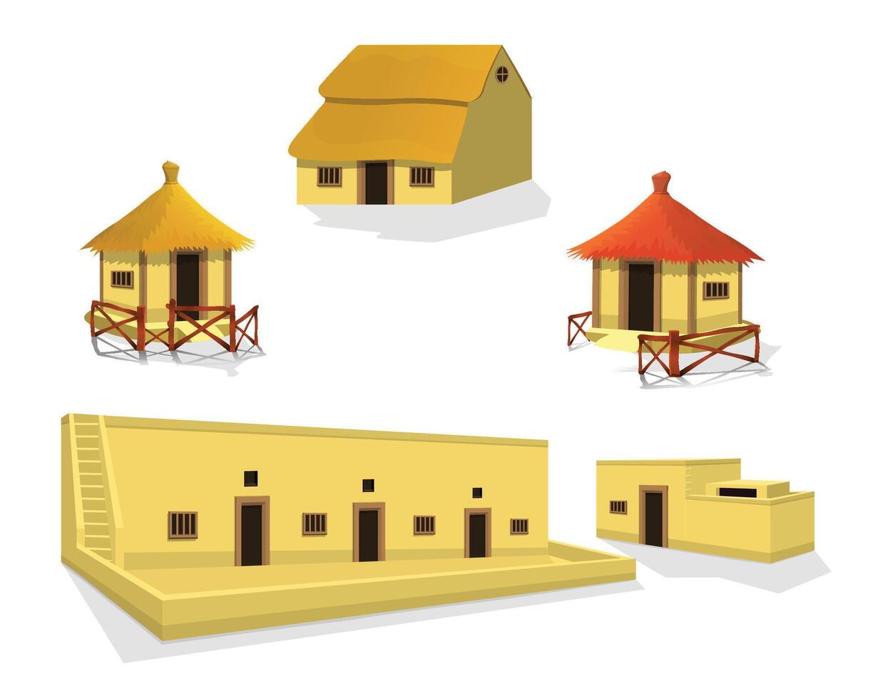 African style traditional mud house collection, african or asian tribes, bungalow with thatched roof clip art vector illustration