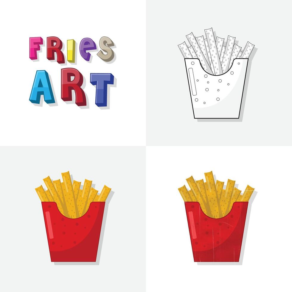 papas fritas bolso Arte bosquejo, colorante página, plano y realista papas fritas rápido comida ilustración para niños vector