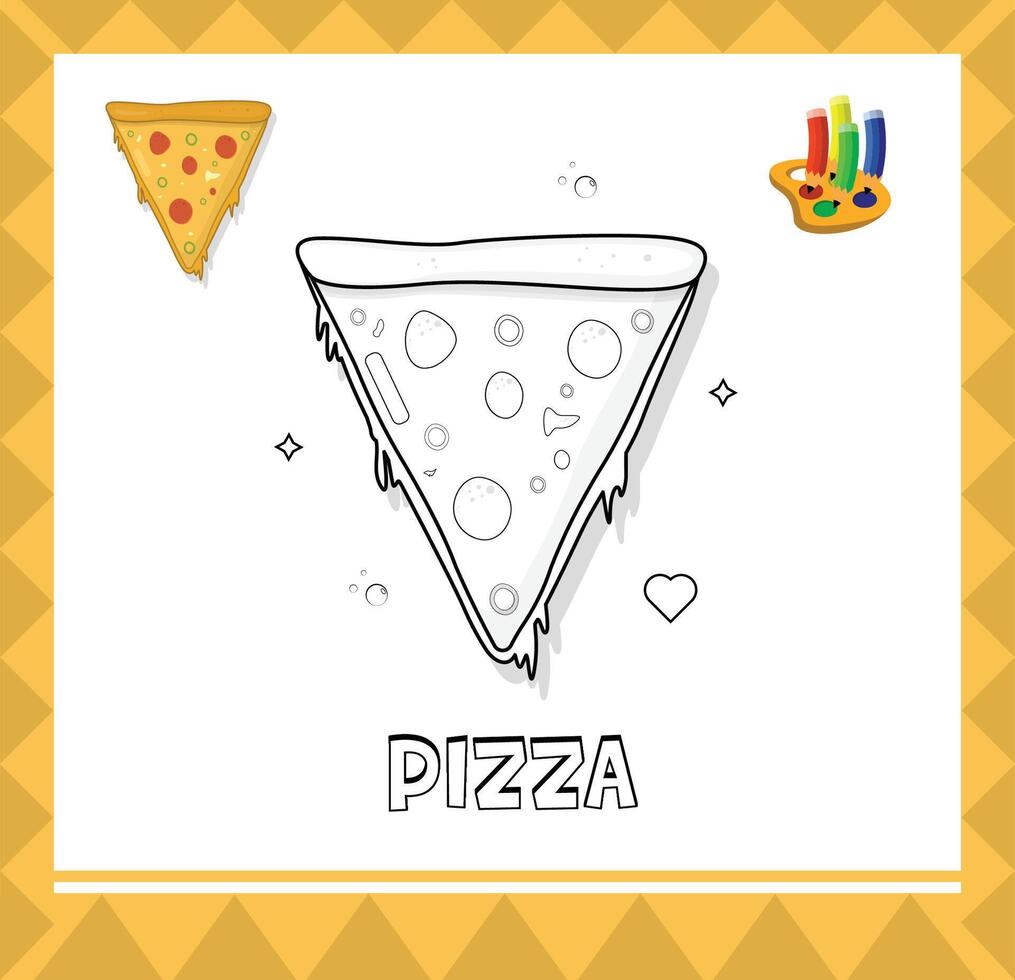 Pizza slice sketch, colouring page illustration for kids vector