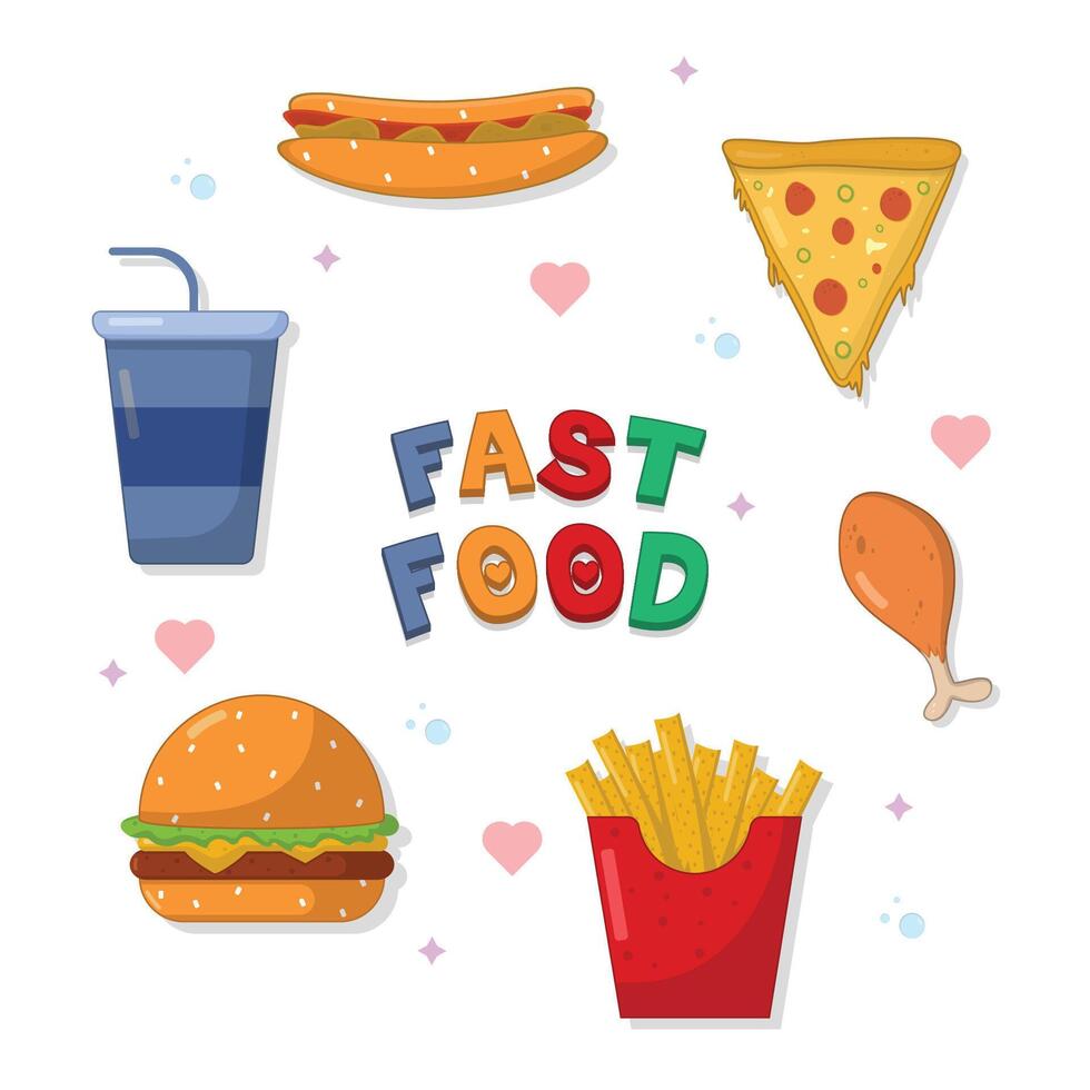 conjunto de rápido comida hamburguesa cena y restaurante, vistoso rápido comida texto, pegatinas, insalubre rápido comida nutrición en plano estilo vector