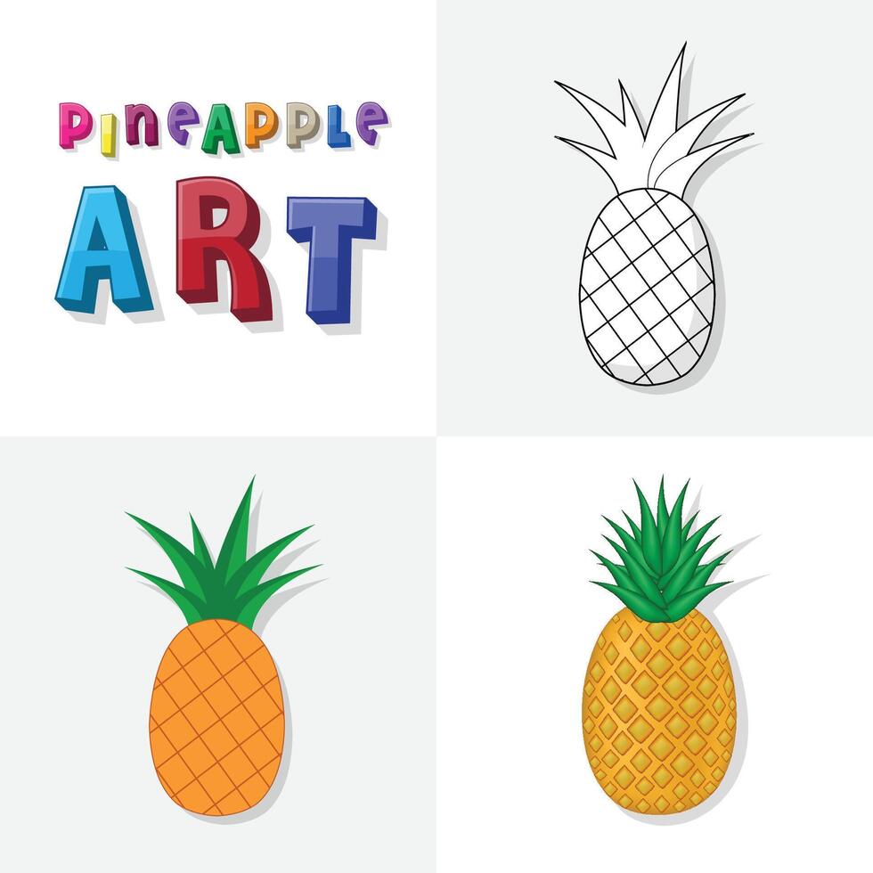 Pineapple art sketch, colouring page, flat and realistic pineapple fruit illustration for kids vector