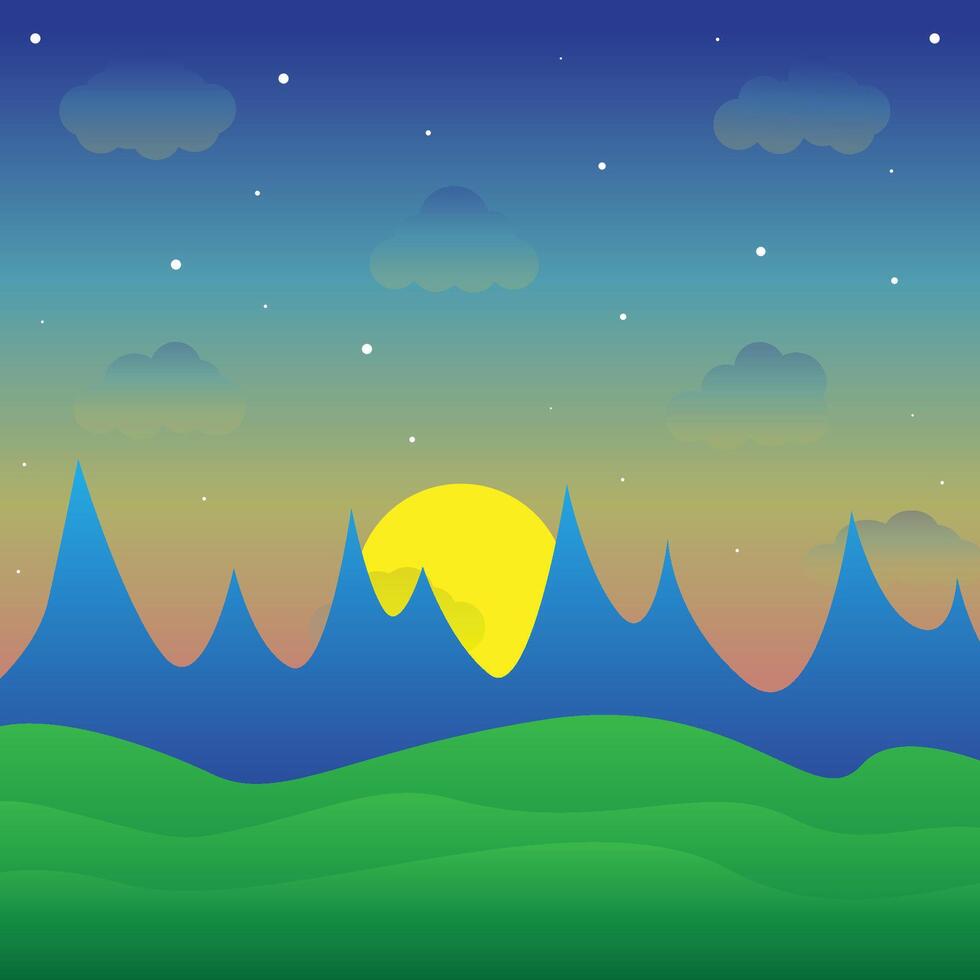 encantador naturaleza paisaje moderno estilo puesta de sol ilustración, con elegante plano diseño, casa, árboles, bandera y campo dibujos animados antecedentes vector