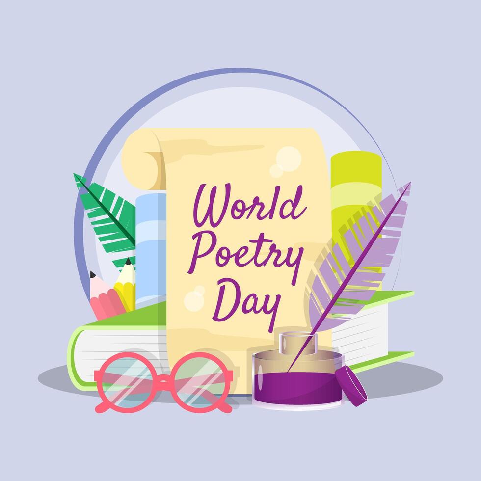 World Poetry Day poster with parchment and stationery vector