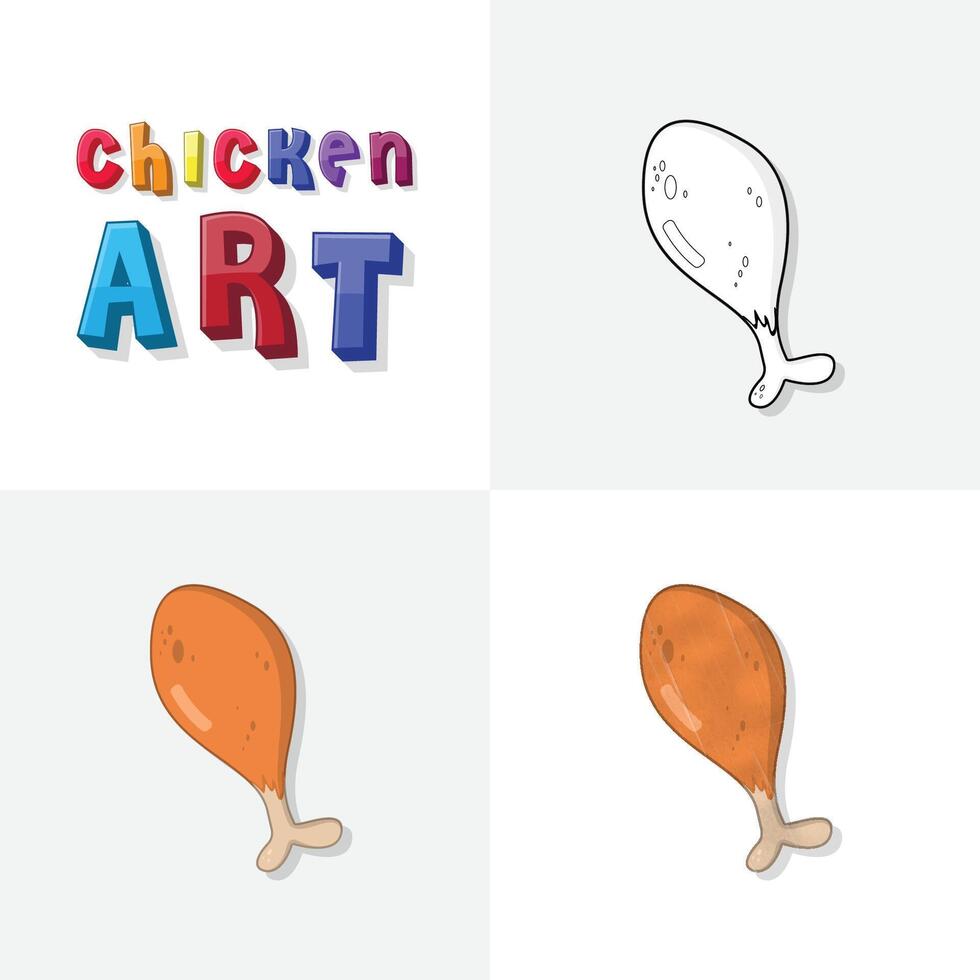 Chicken art sketch, colouring page, flat and realistic chicken fast food illustration for kids vector