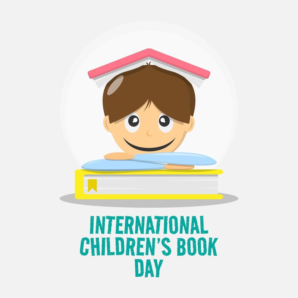 International Children's Day poster with an open book rests on the head of a boy who has his arms folded vector