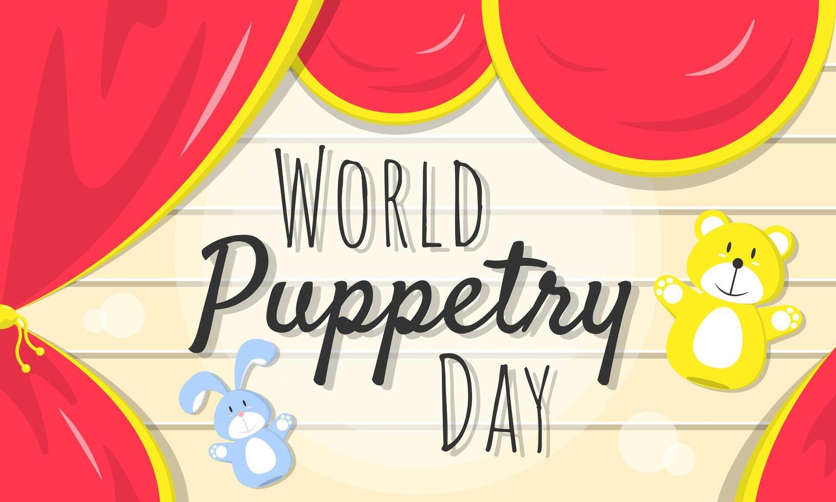 World Puppetry Day poster with cute puppets on stage vector