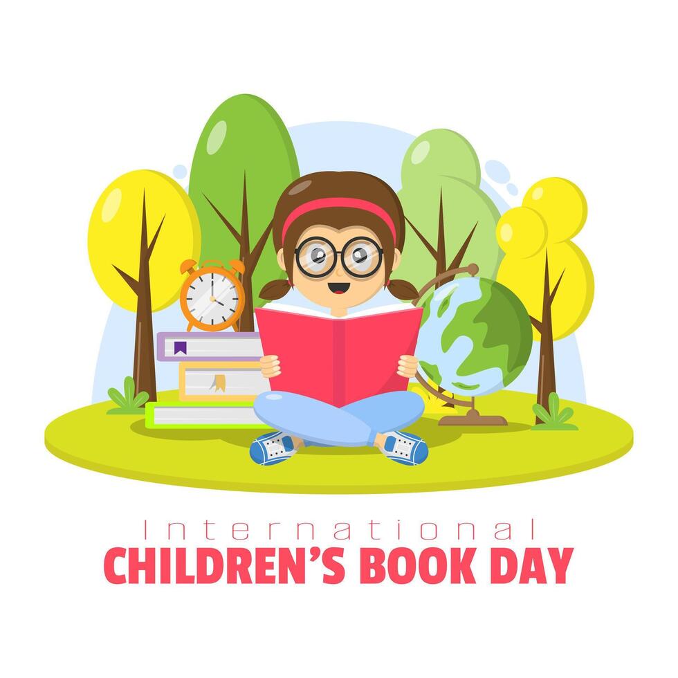 internacional para niños libro día póster con un niña se sienta leyendo un libro en el yarda vector