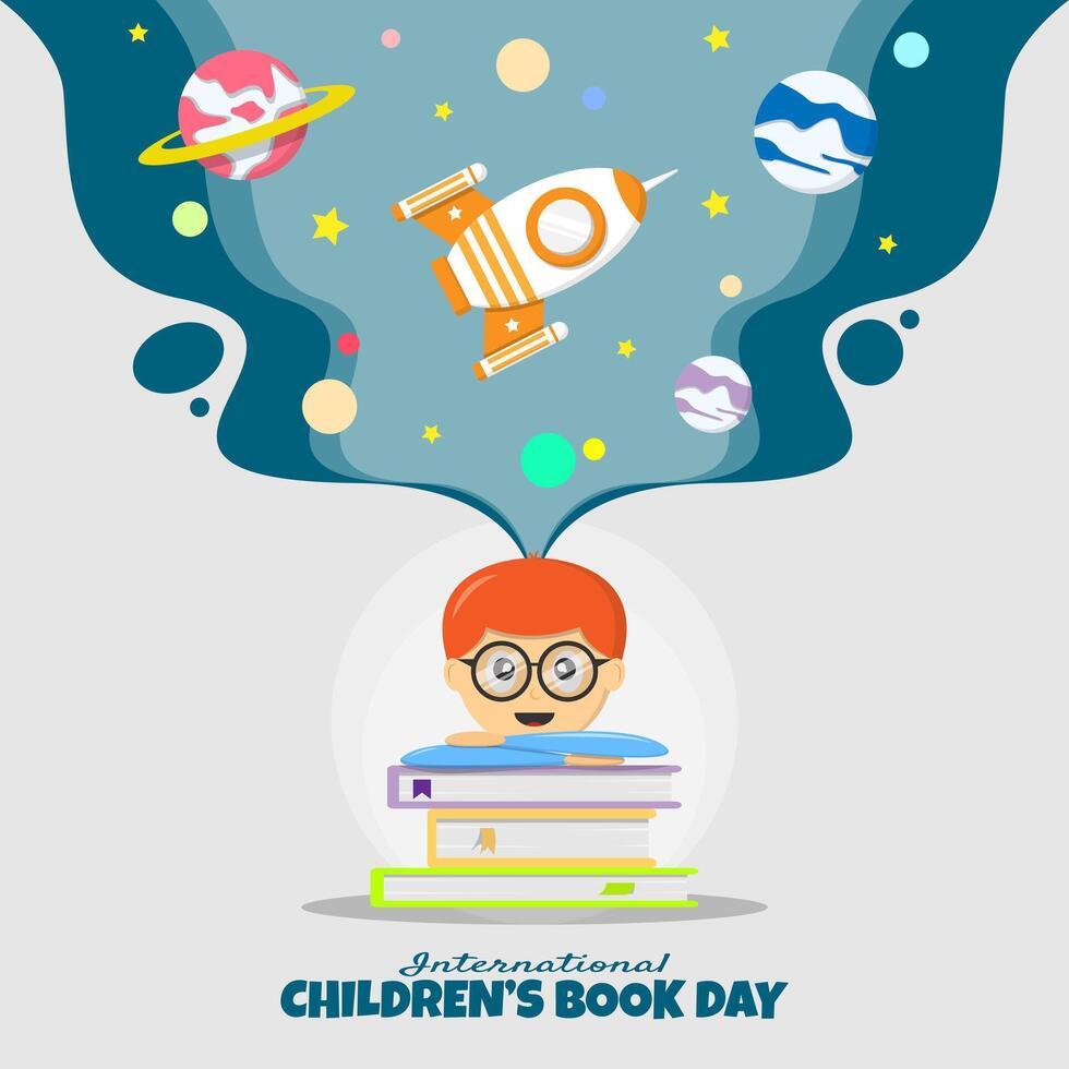 International Children's Book Day poster with a boy's imagination from reading a book vector