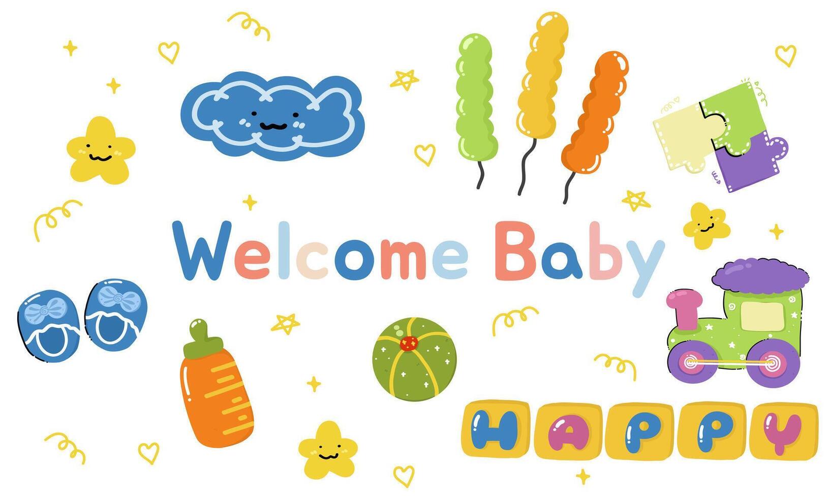 Welcome greeting card for childbirth with adorable baby accessories, welcome the little one into the family. vector