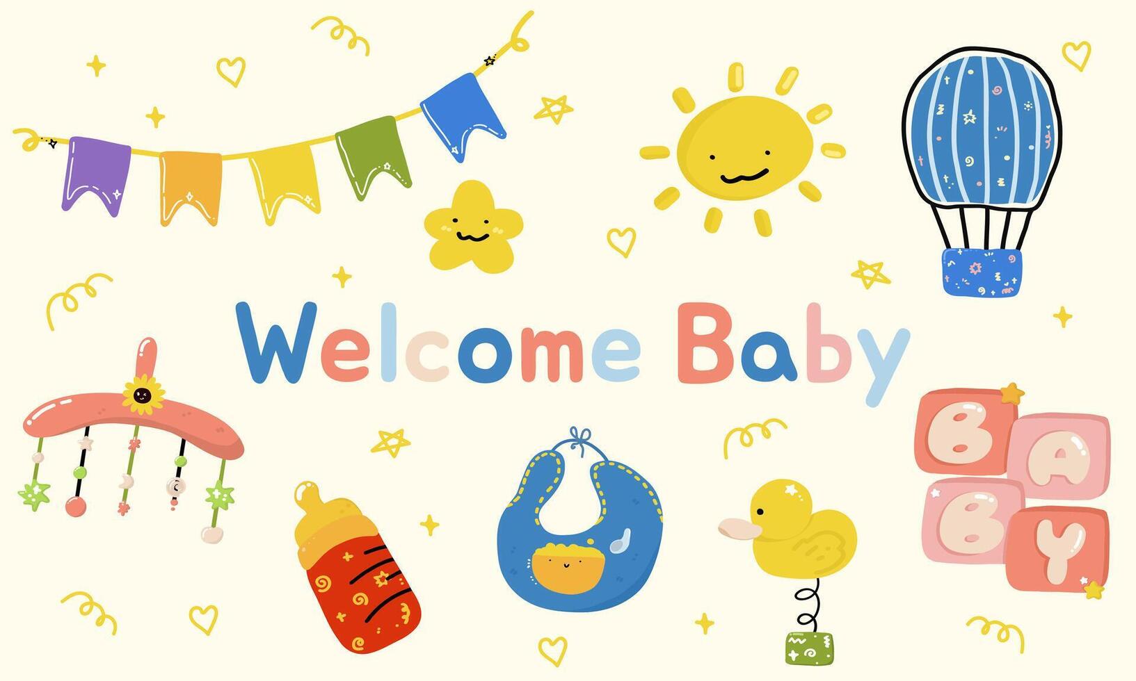 Welcome greeting card for childbirth with adorable baby accessories, welcome the little one into the family. vector