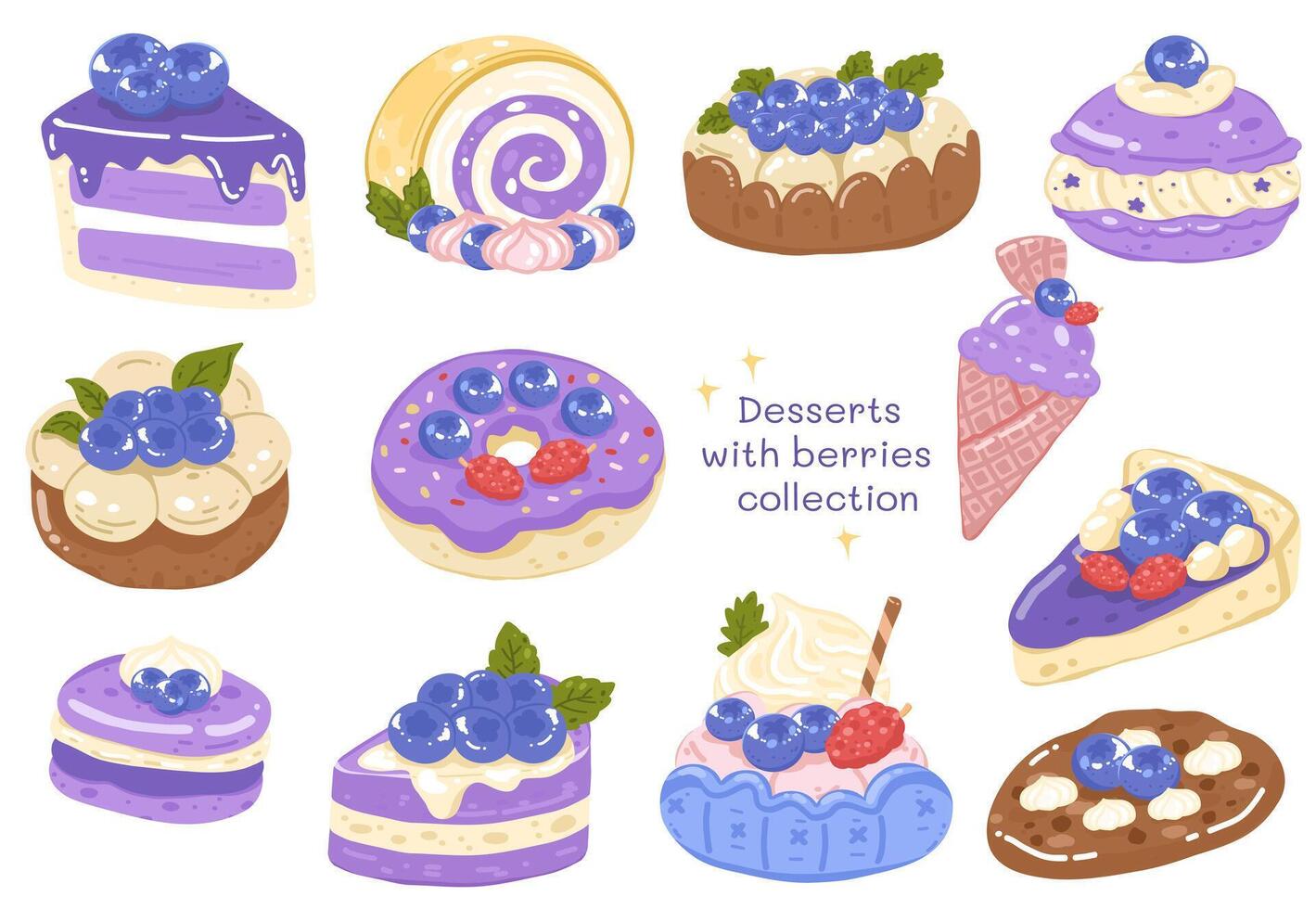 Desserts with berries collection illustration vector