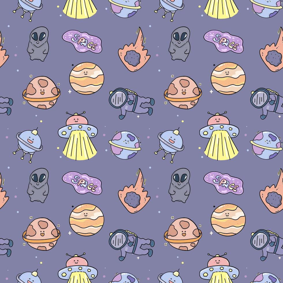 Space planets rocket cartoon pattern seamless vector