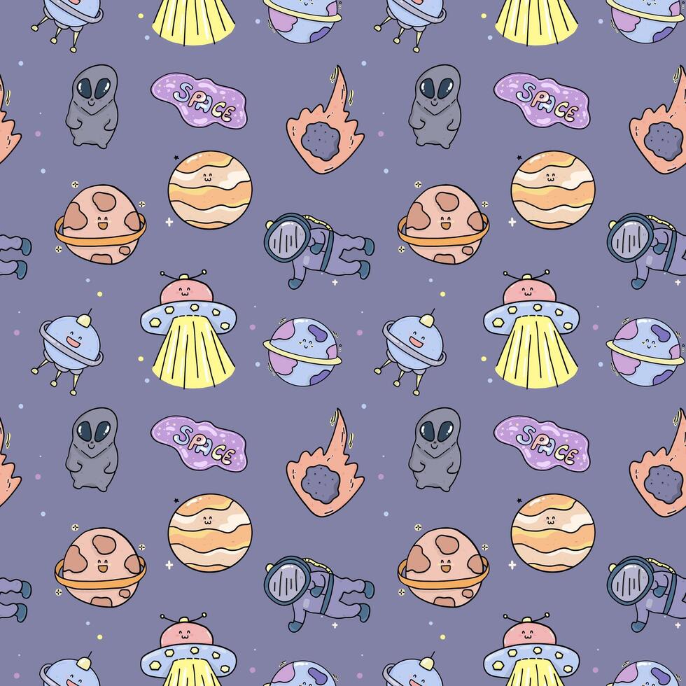 Space planets rocket cartoon pattern seamless vector