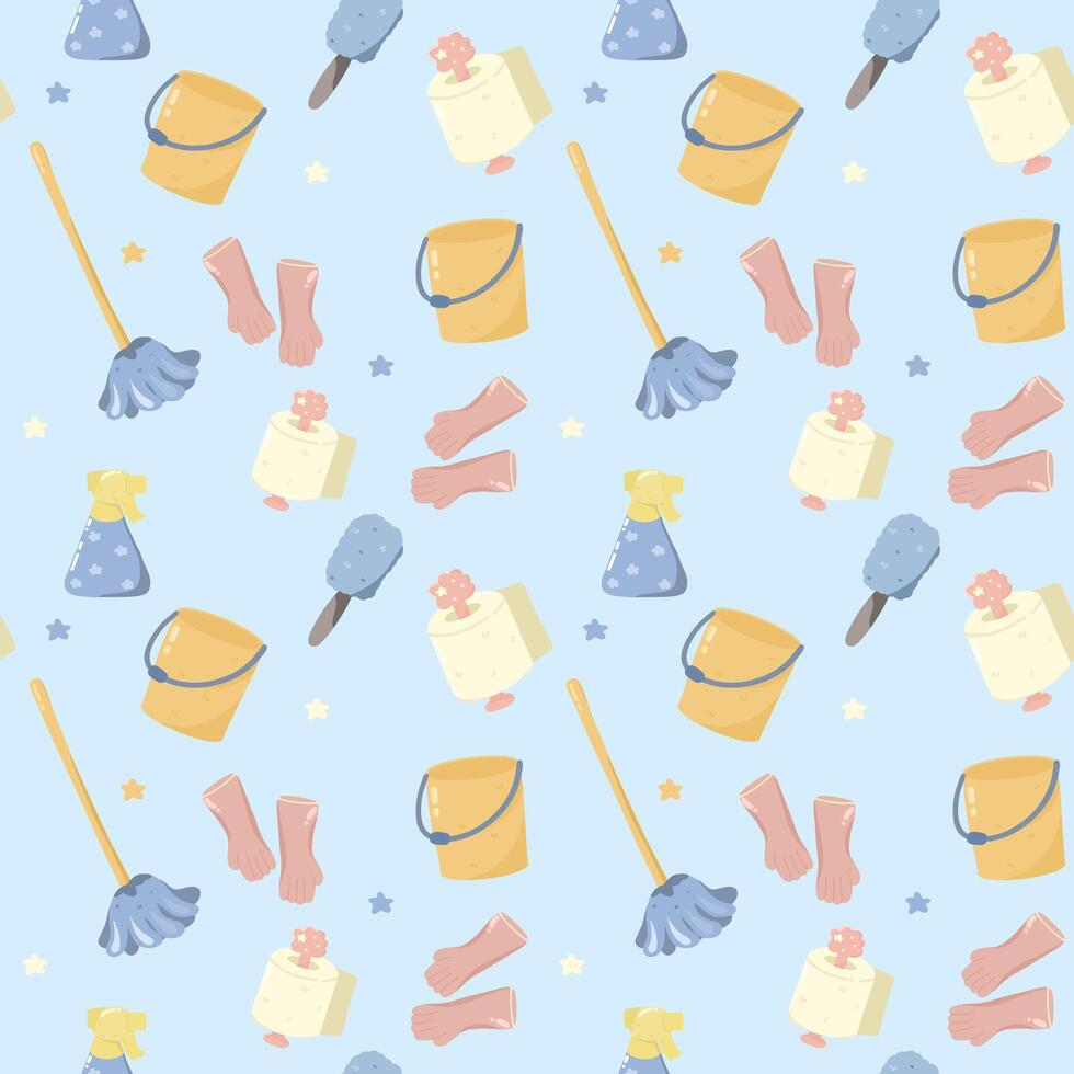 House cleaning tools seamless pattern on a blue background vector