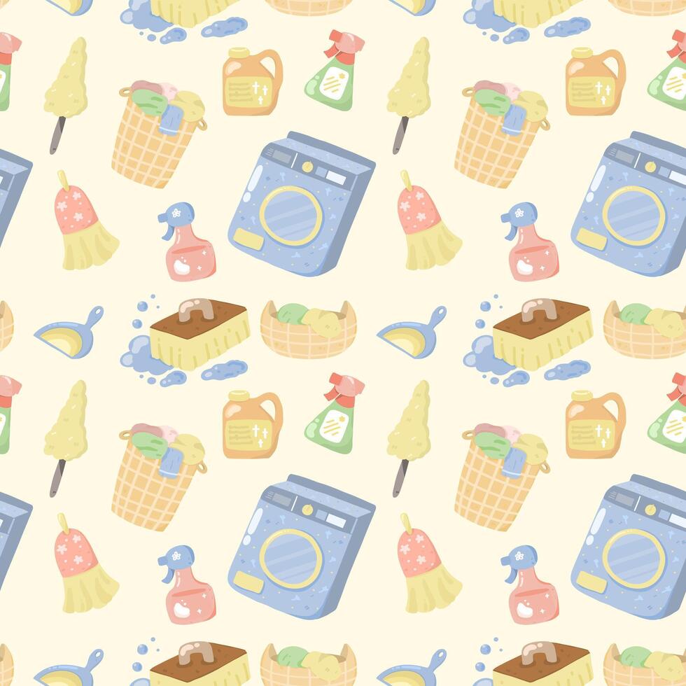 House cleaning tools seamless pattern on a blue background vector