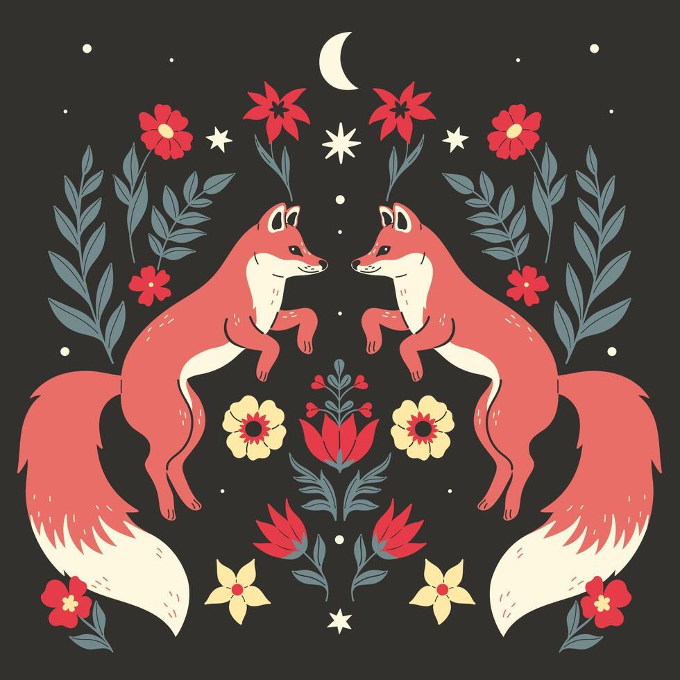 Symmetrical composition of two foxes and flowers on a dark background. Vector graphics