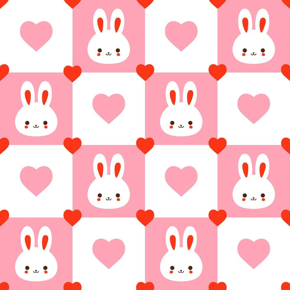 Cute checkered seamless pattern with kawaii bunnies and hearts. Vector graphics.