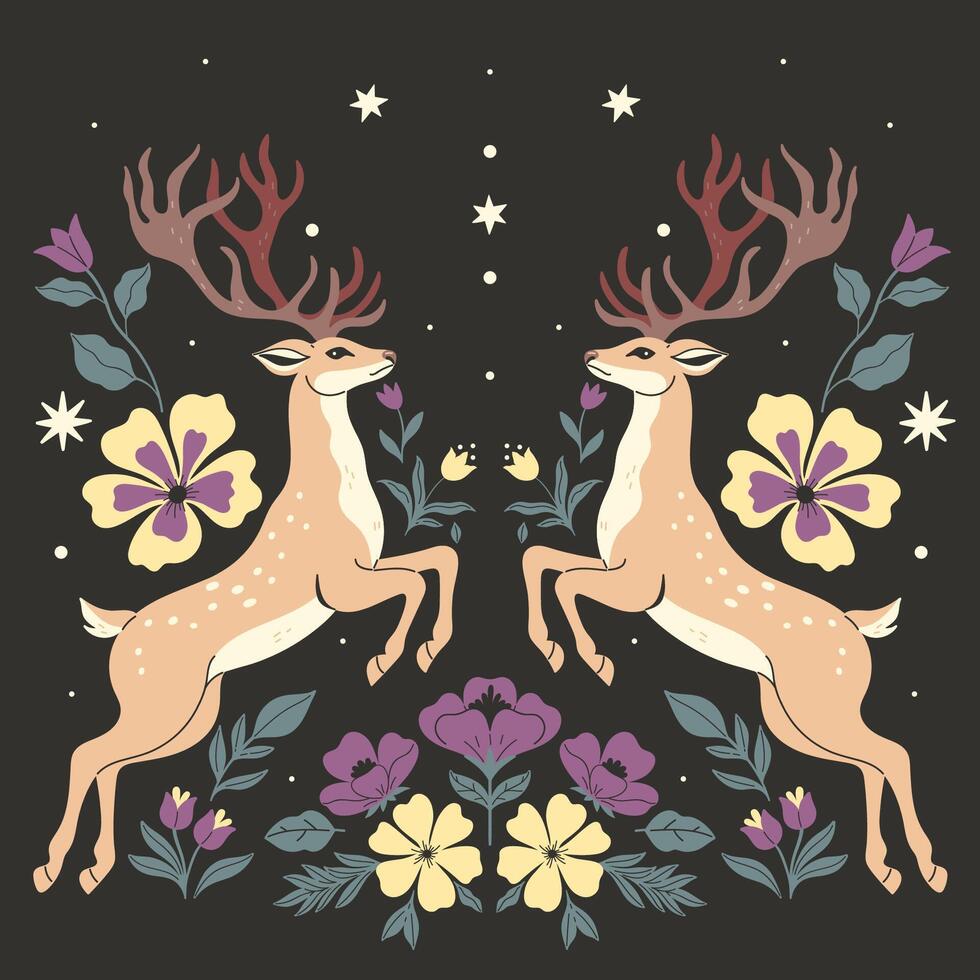 Symmetrical composition of two deer and flowers on a dark background. Vector graphics