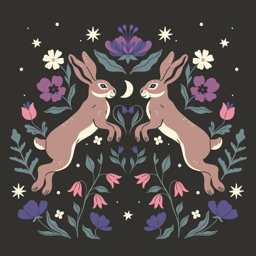 Symmetrical composition of two hares and flowers on a dark background. Vector graphics