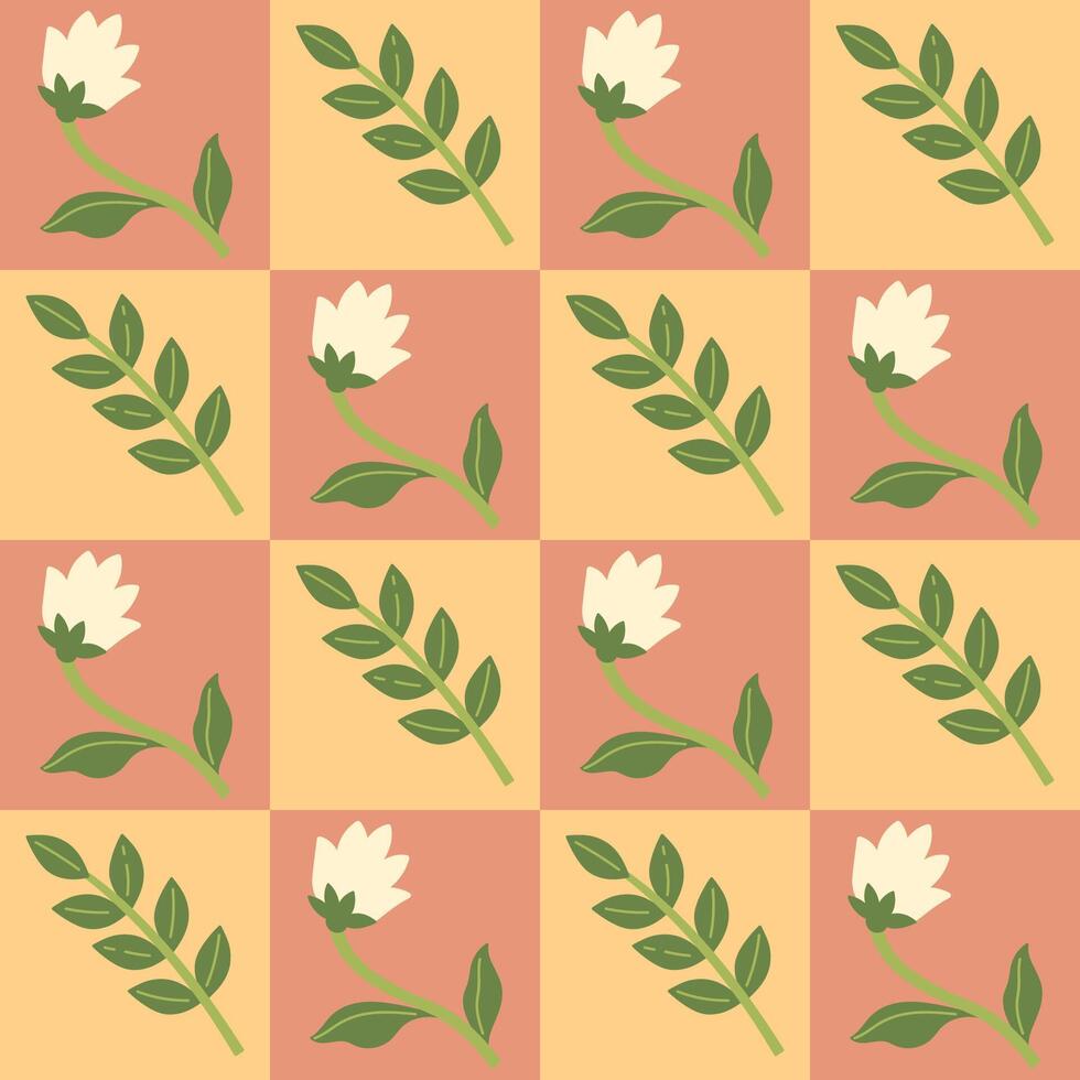 Checkered seamless pattern with flowers and leaves. Vector graphics.