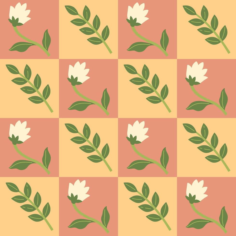 Checkered seamless pattern with flowers and leaves. Vector graphics.