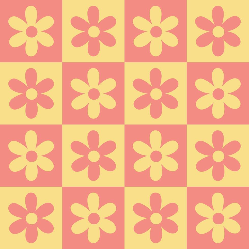 Simple seamless checkered pattern with flowers. Vector graphics.