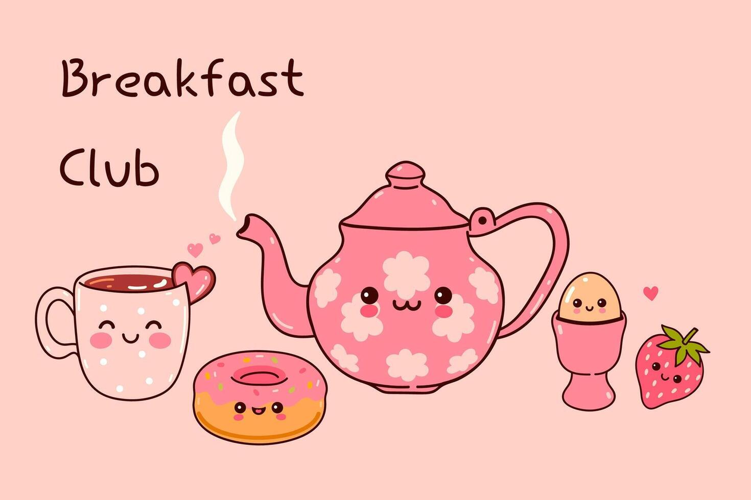 Poster with cute kawaii breakfast food. Vector graphics.