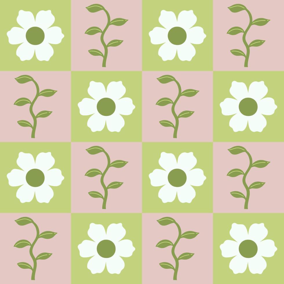 Checkered seamless pattern with flowers and leaves. Vector graphics.